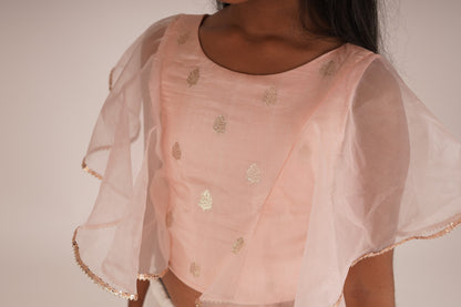 Eliza-Blouse and Lehenga set- White, Peach Pink and Rose gold