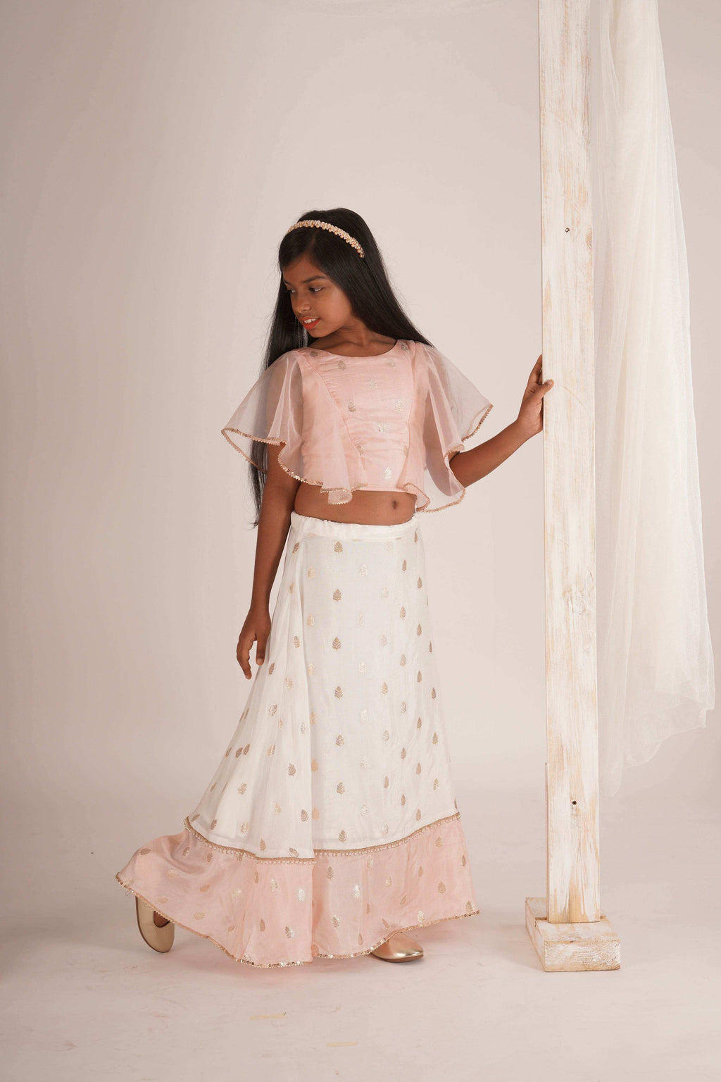 Eliza-Blouse and Lehenga set- White, Peach Pink and Rose gold - Monk & Mei