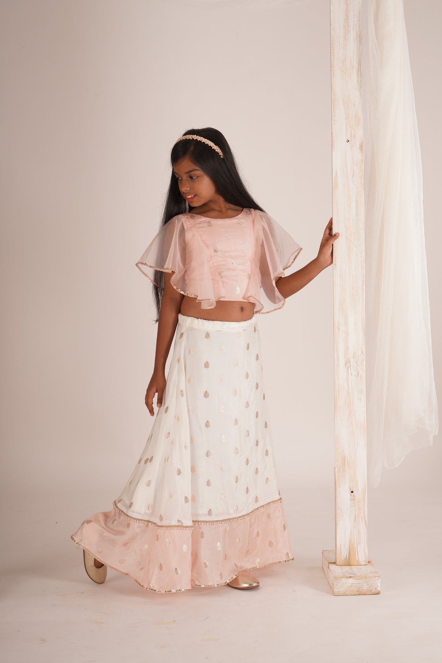 Eliza-Blouse and Lehenga set- White, Peach Pink and Rose gold