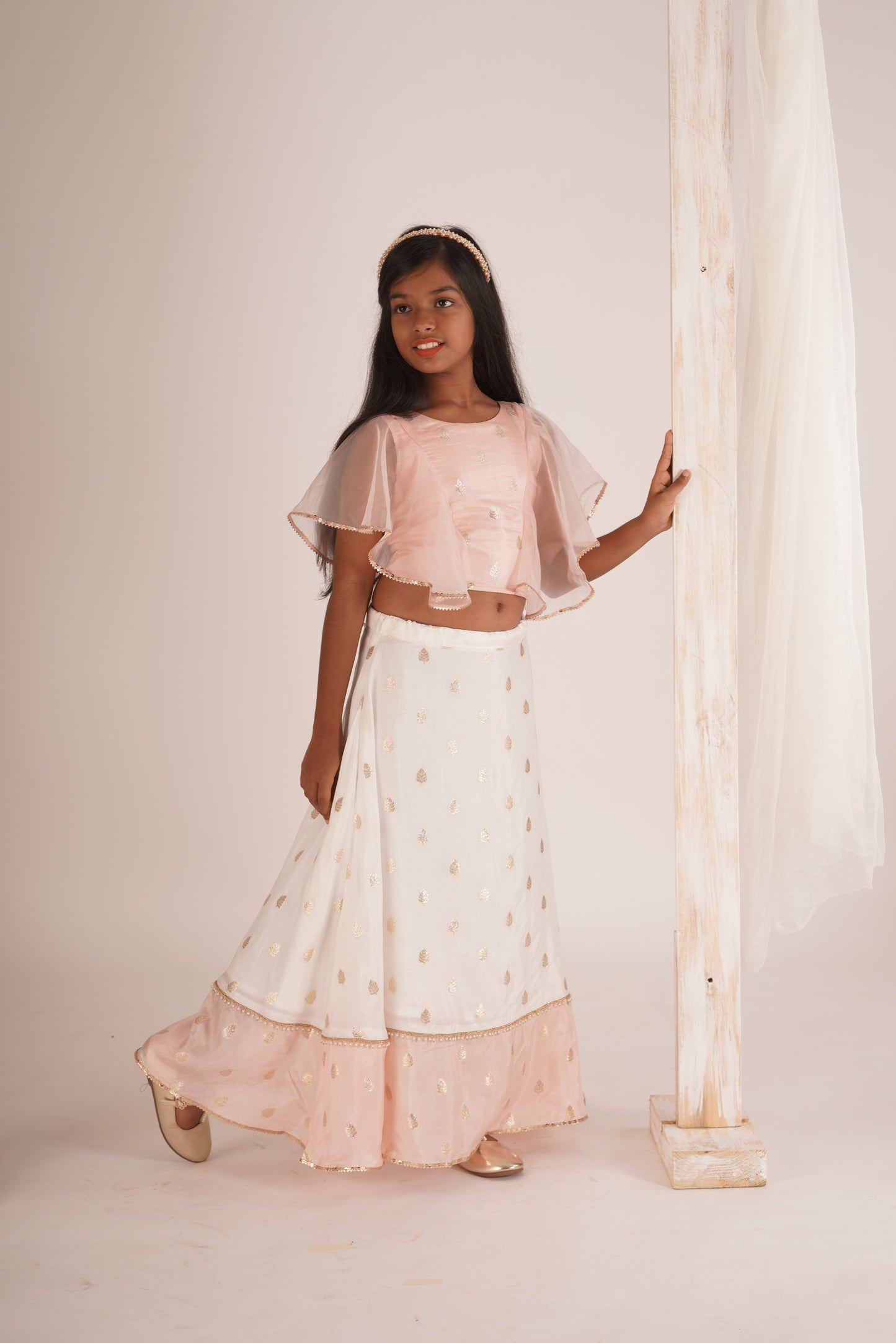 Eliza-Blouse and Lehenga set- White, Peach Pink and Rose gold