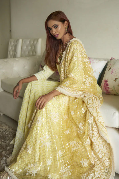 Falak - Embroidered Dress & Dupatta - Yellow with embroidered dupatta
