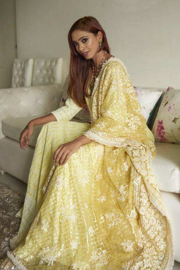 Falak - Embroidered Dress & Dupatta - Yellow with embroidered dupatta - Monk & Mei