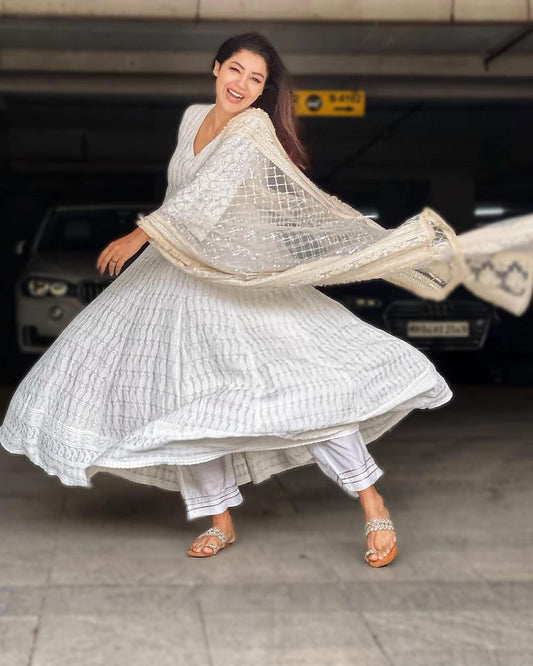 Falak - Embroidered Dress & Dupatta - Cream Anarkali with Zari Dupatta