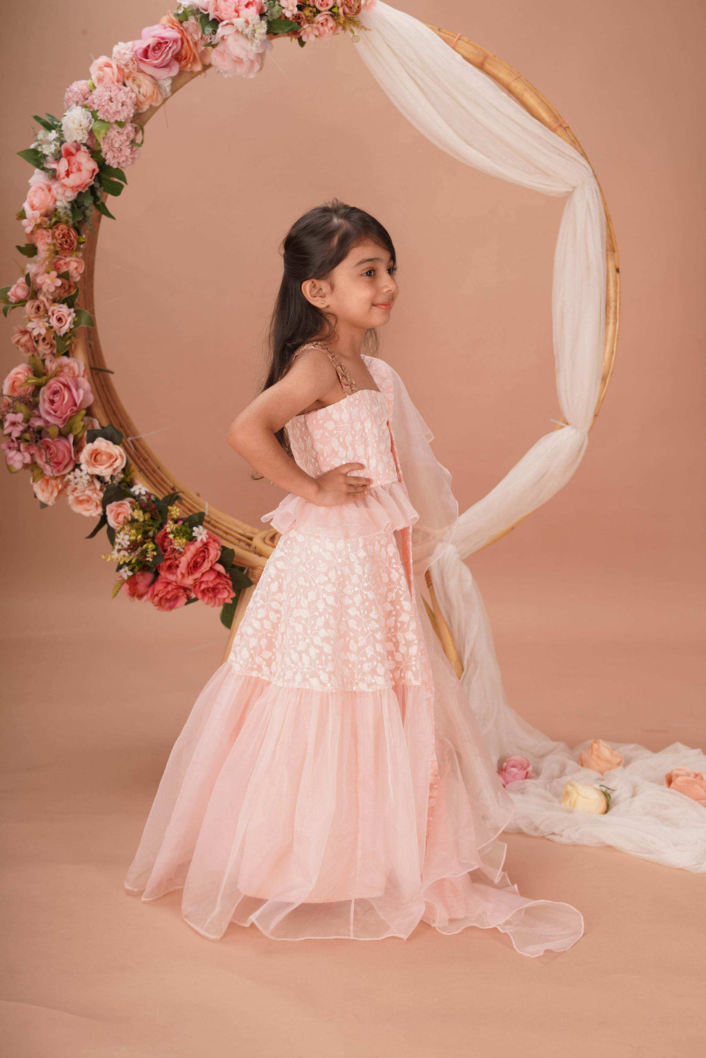 Hannah Lehenga set- Peach Pink and Rose Gold - Monk & Mei