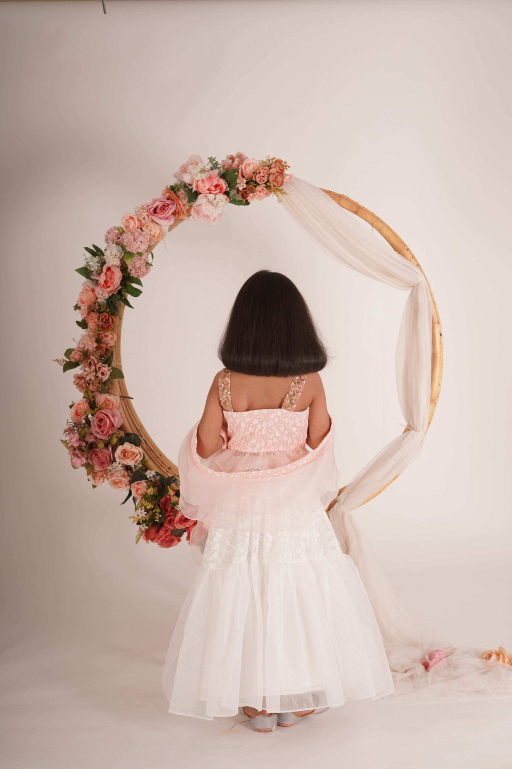 Hannah Lehenga set- White, Peach pink and Rose Gold - Monk & Mei