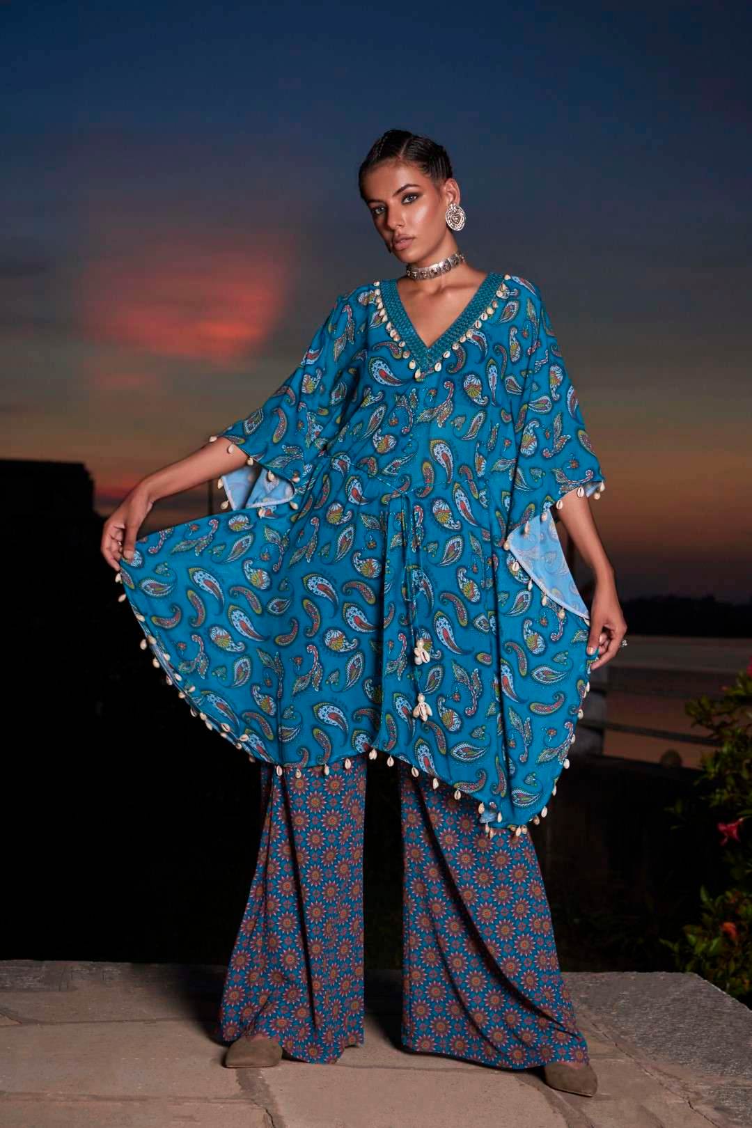 Kasturi KAFTAN & PALAZZO - Teal Blue - Monk & Mei