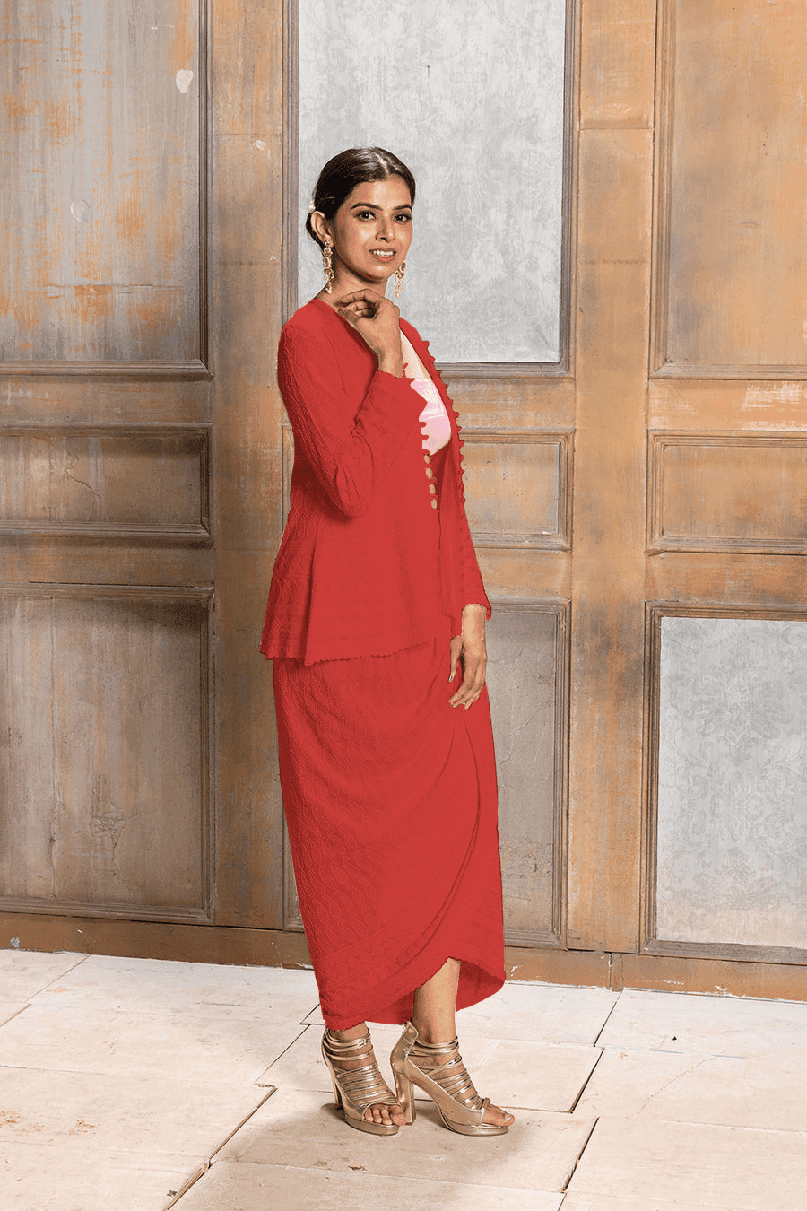 AALIYAH - EMBROIDERED JACKET & DHOTI - Red - Monk & Mei