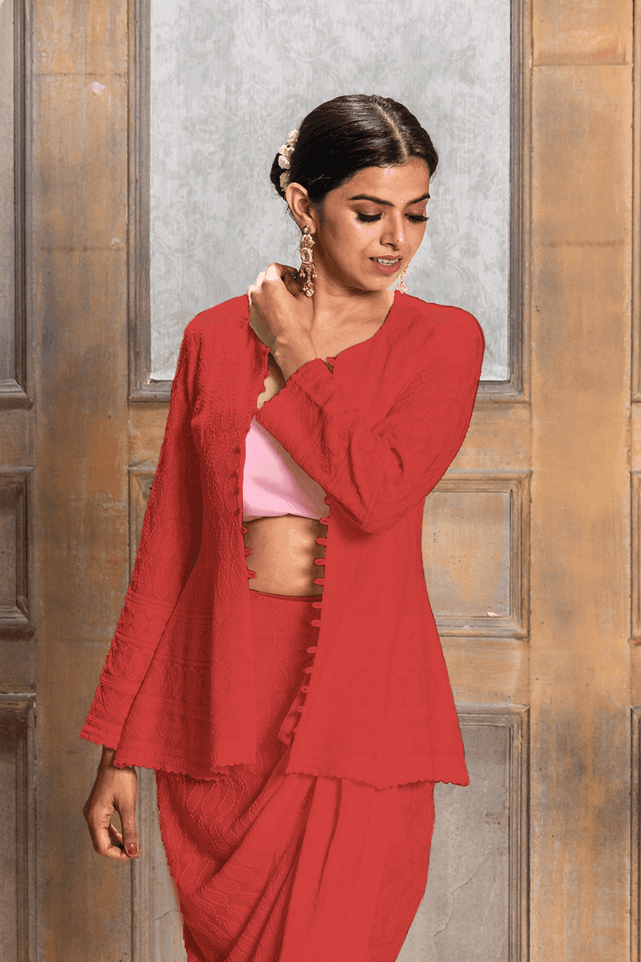 AALIYAH - EMBROIDERED JACKET & DHOTI - Red - Monk & Mei