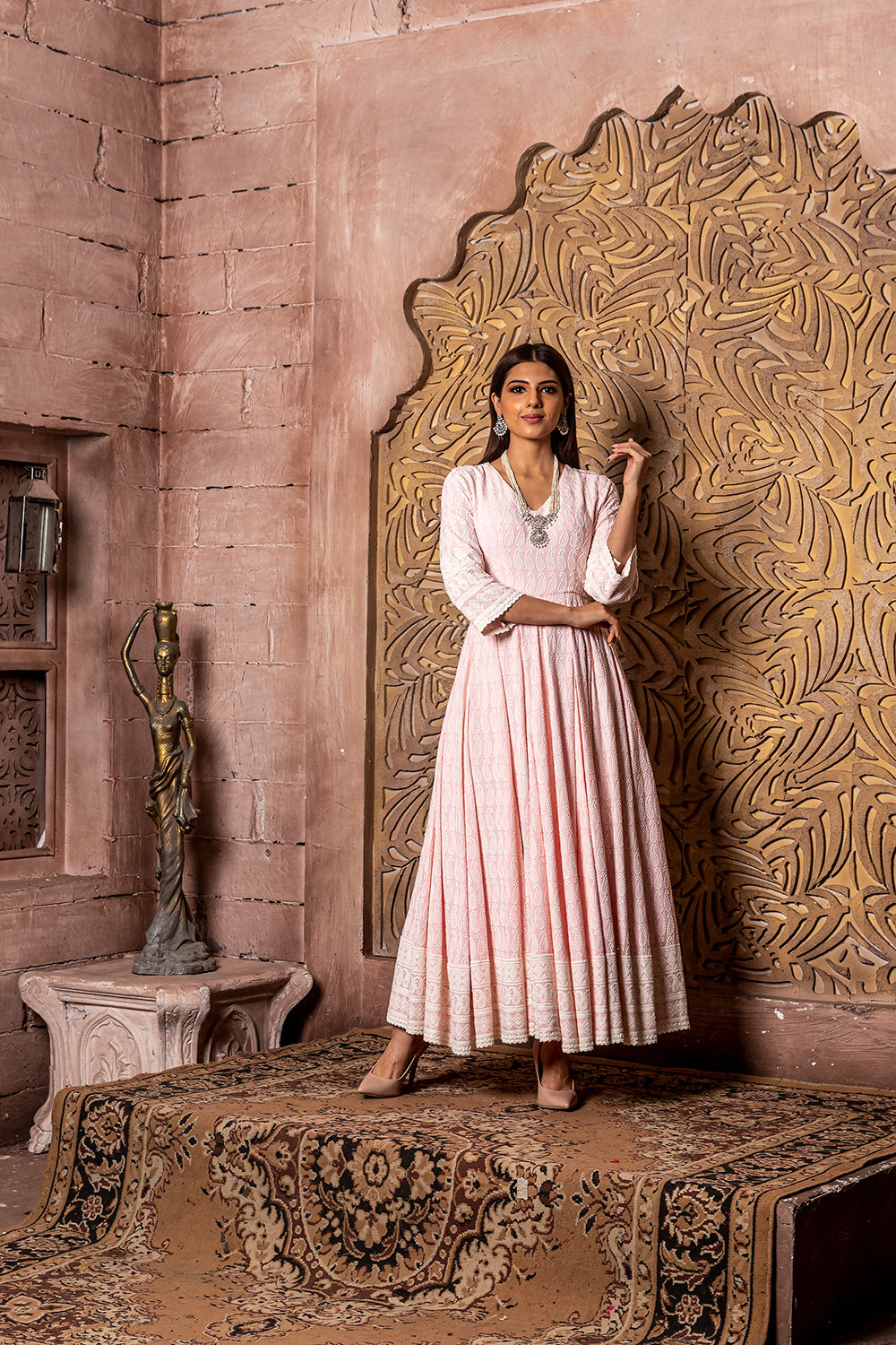 Falak - Embroidered Dress & Dupatta - Pink with embroidered dupatta