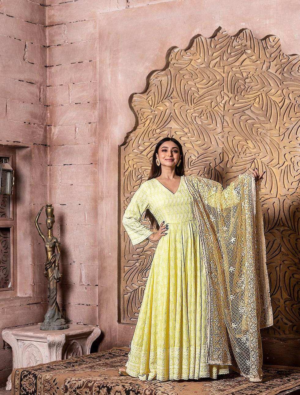 Falak - Embroidered Dress & Dupatta - Yellow with embroidered dupatta - Monk & Mei