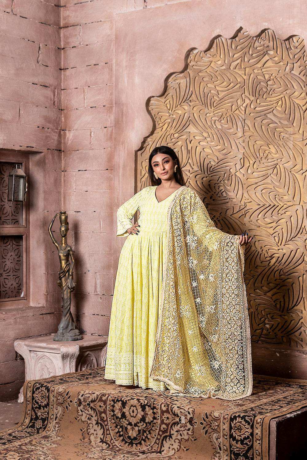 Falak - Embroidered Dress & Dupatta - Yellow with embroidered dupatta - Monk & Mei