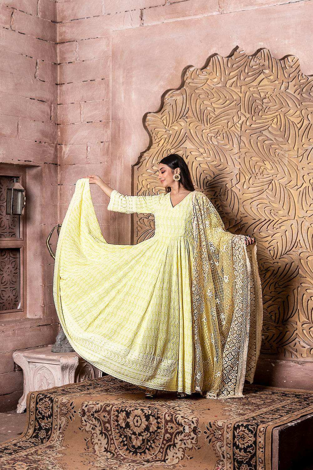 Falak - Embroidered Dress & Dupatta - Yellow with embroidered dupatta - Monk & Mei