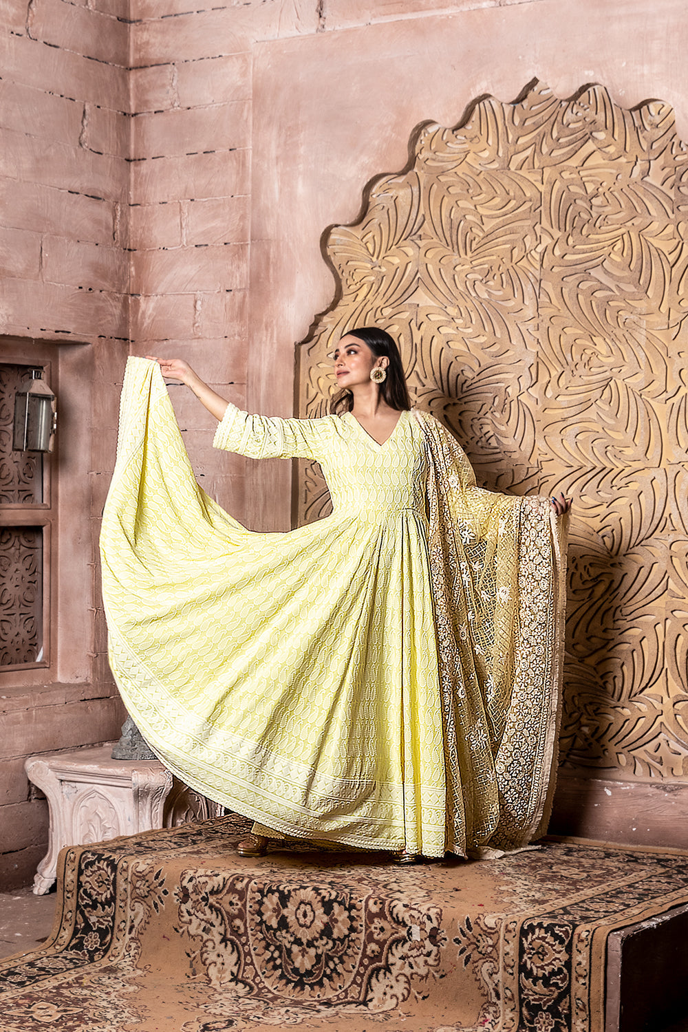 Falak - Embroidered Dress & Dupatta - Yellow with embroidered dupatta