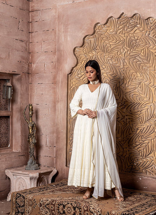 Falak - Embroidered Dress & Dupatta - Cream Anarkali with Chiffon Dupatta