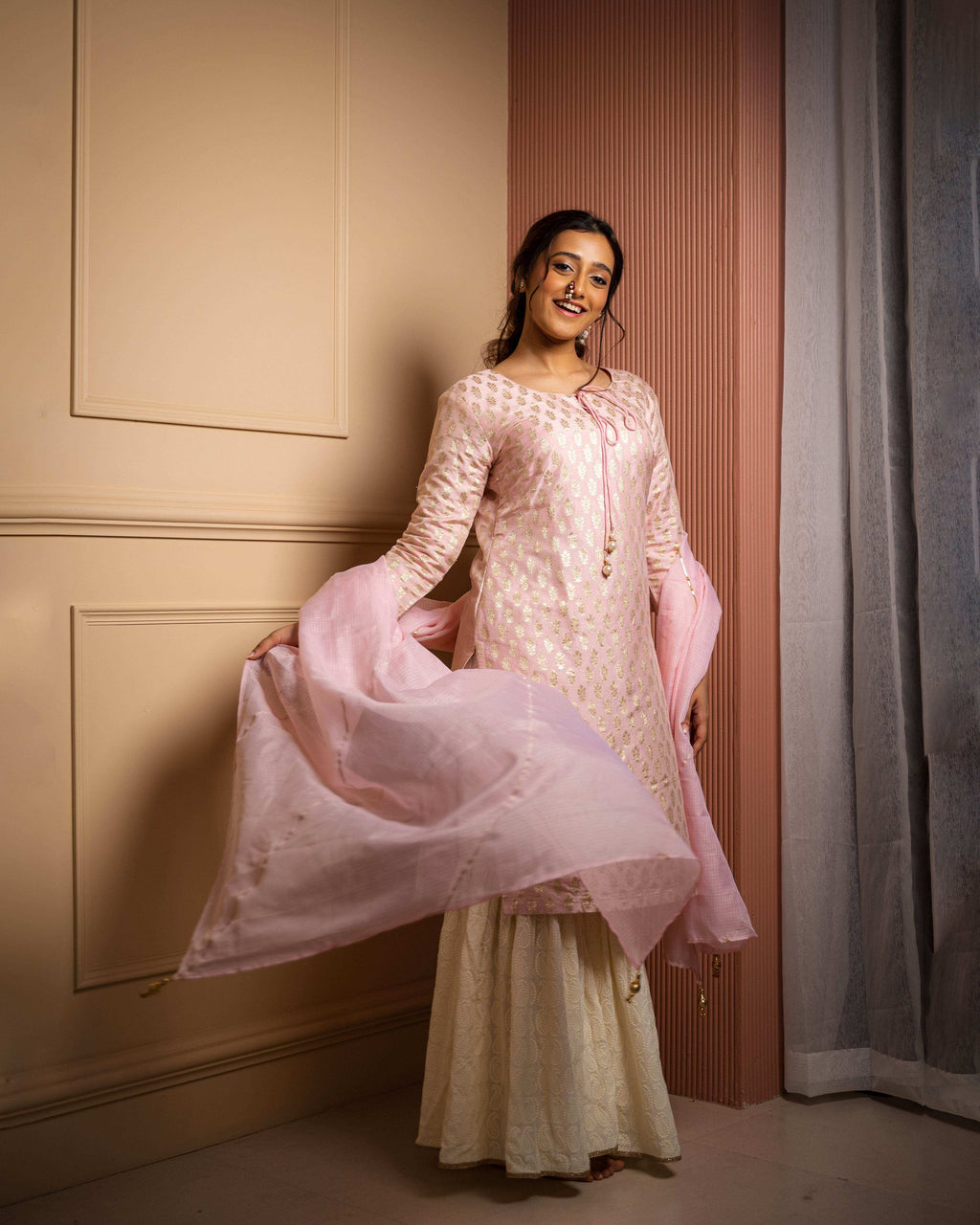 Kumudini- Kurta, Sharara & Dupatta - Pink - Monk & Mei