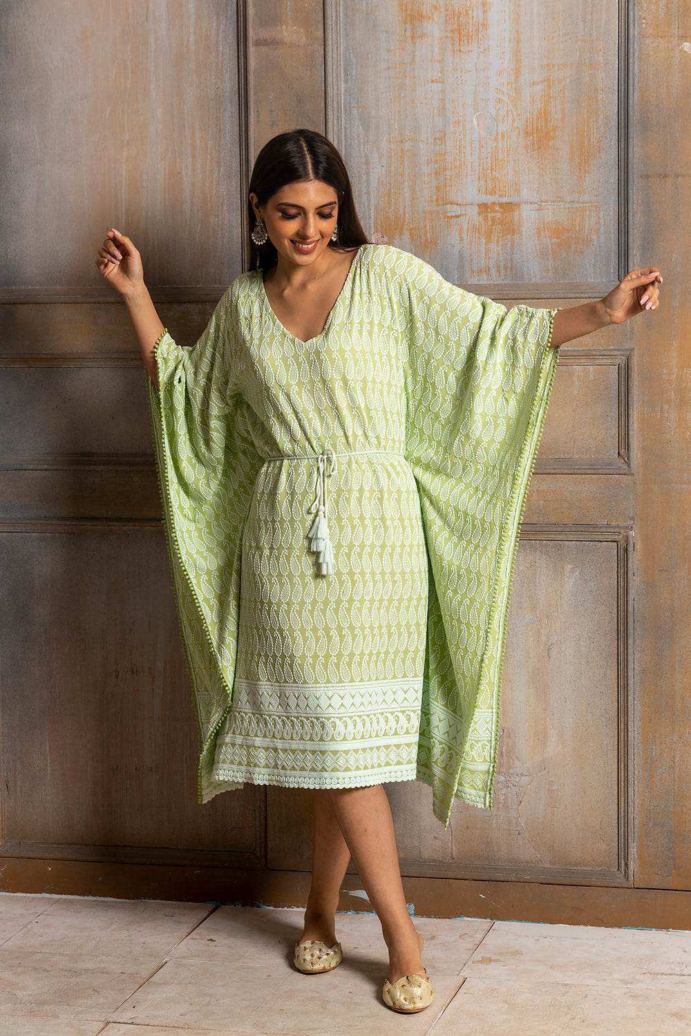 ADA- CHIKANKARI KAFTAN DRESS - Pista Green - Monk & Mei