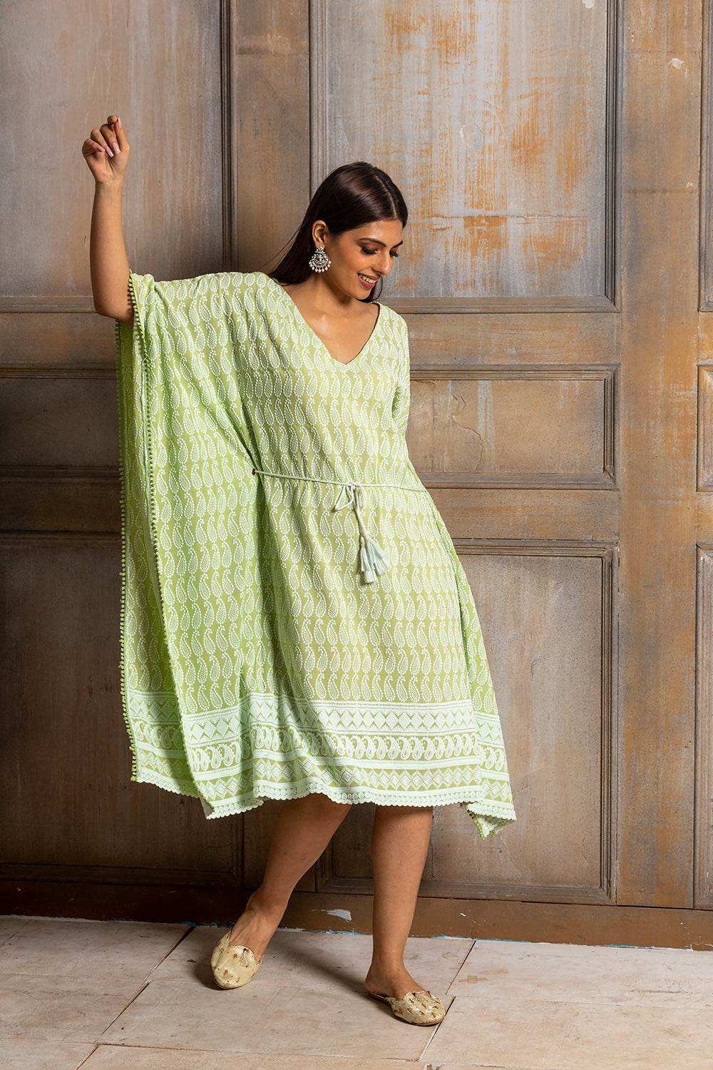 ADA- CHIKANKARI KAFTAN DRESS - Pista Green - Monk & Mei
