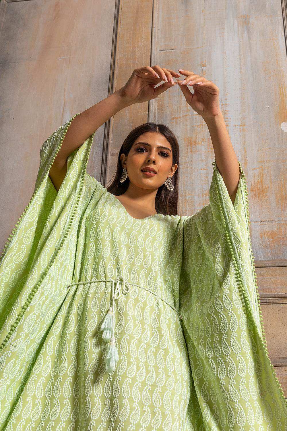 ADA- CHIKANKARI KAFTAN DRESS - Pista Green - Monk & Mei