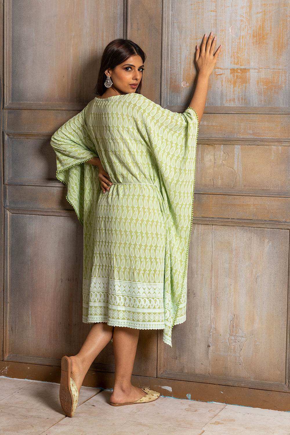 ADA- CHIKANKARI KAFTAN DRESS - Pista Green - Monk & Mei