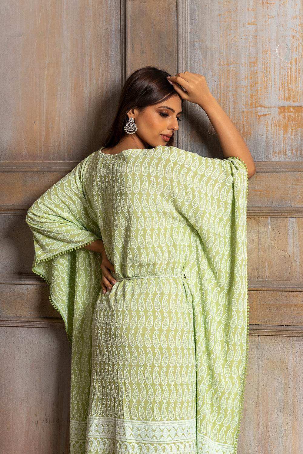 ADA- CHIKANKARI KAFTAN DRESS - Pista Green - Monk & Mei