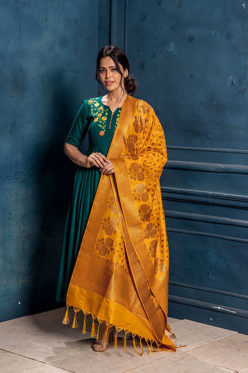Brocade Benarasi Dupatta - Mustard Yellow - Monk & Mei