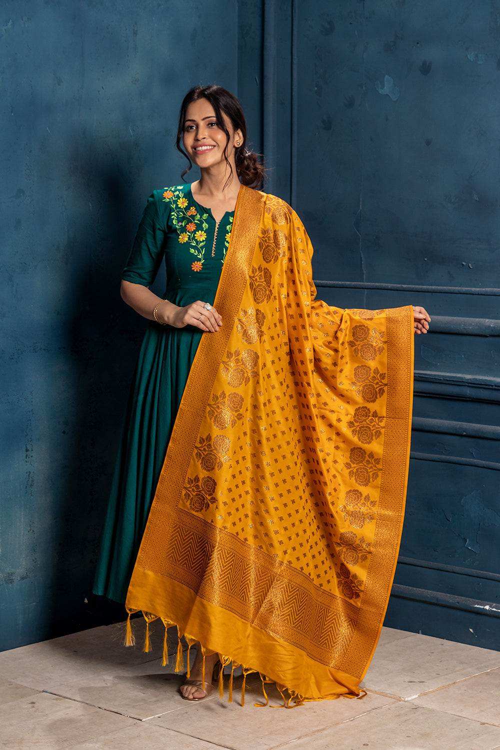 Brocade Benarasi Dupatta - Mustard Yellow - Monk & Mei