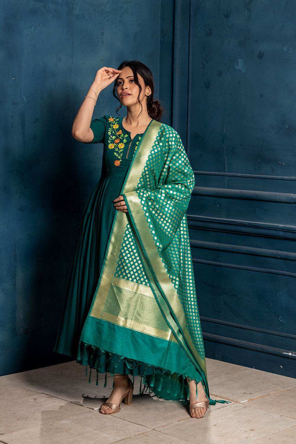Brocade Benarasi Dupatta - Green - Monk & Mei