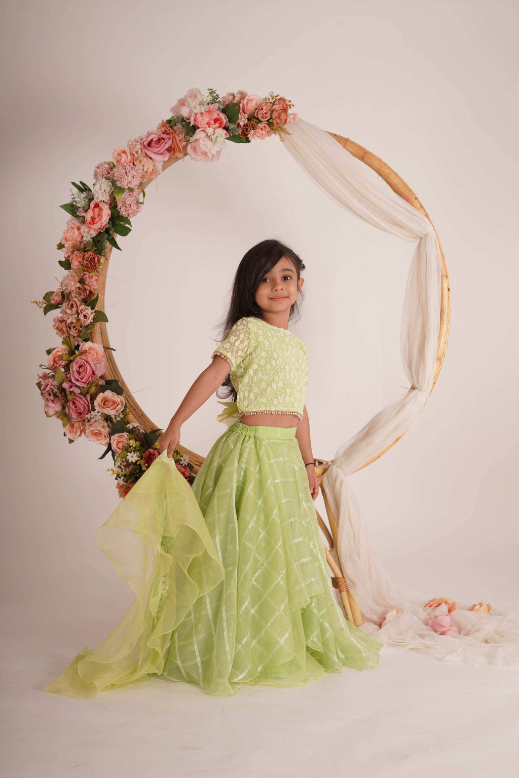 Ivana- Blouse,Lehenga and Dupatta Set - Pista Green and Rose Gold - Monk & Mei
