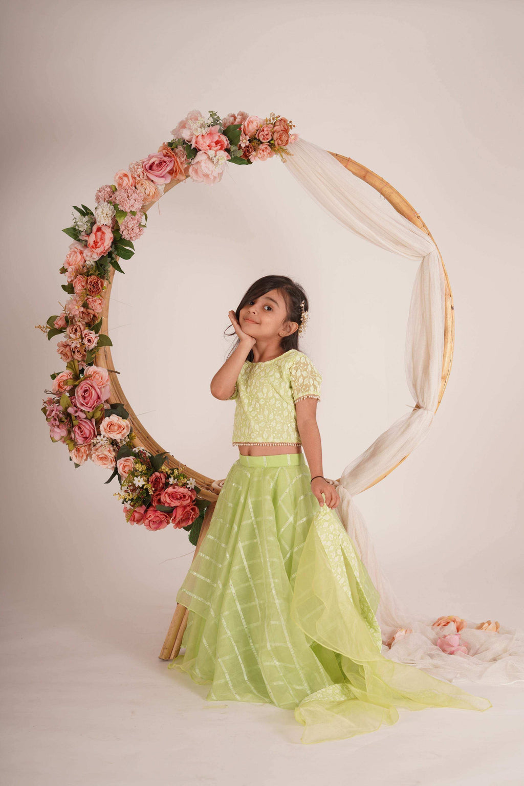 Ivana- Blouse,Lehenga and Dupatta Set - Pista Green and Rose Gold - Monk & Mei