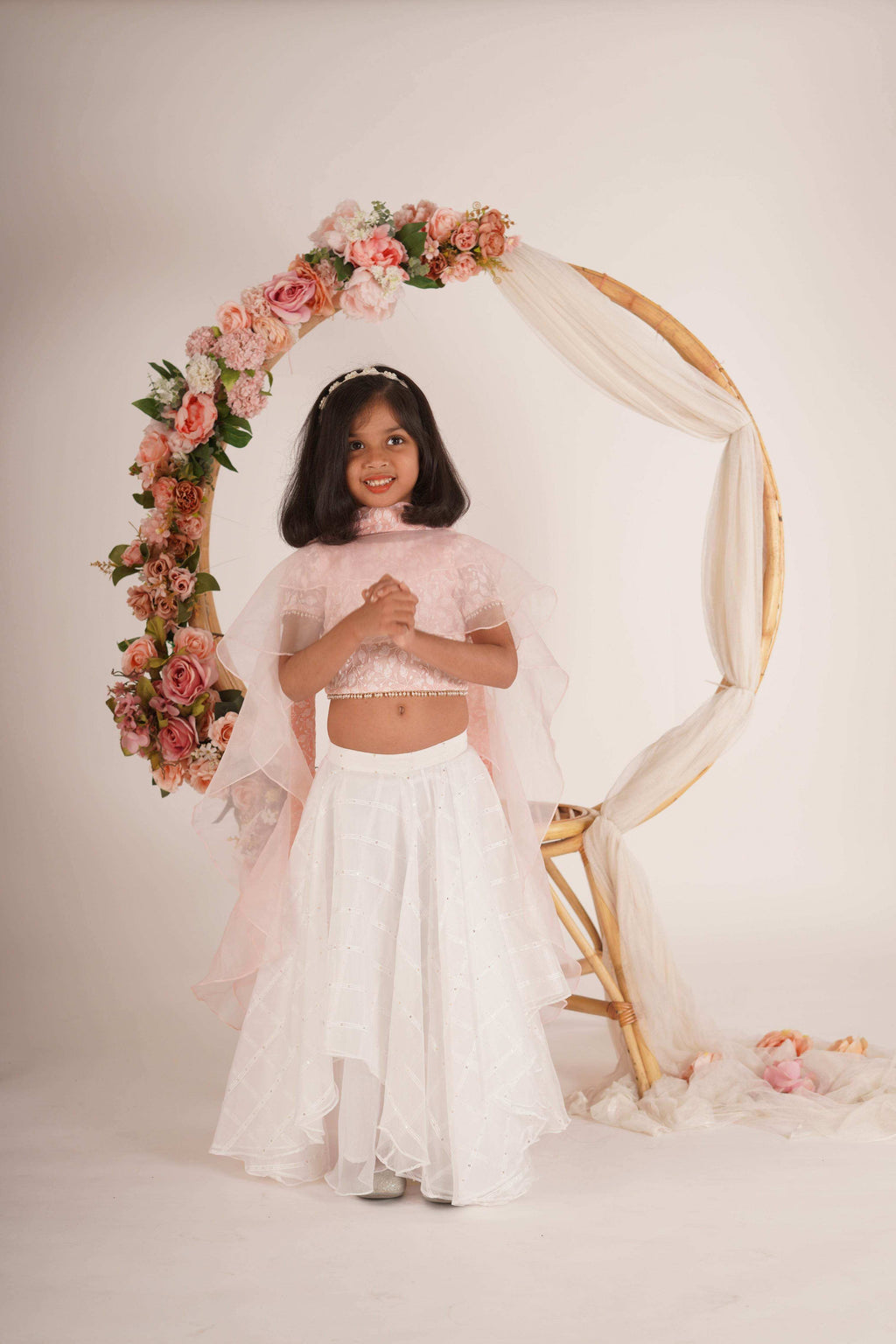 Ivana- Blouse,Lehenga and Dupatta Set - White Peach Pink and Rose Gold - Monk & Mei