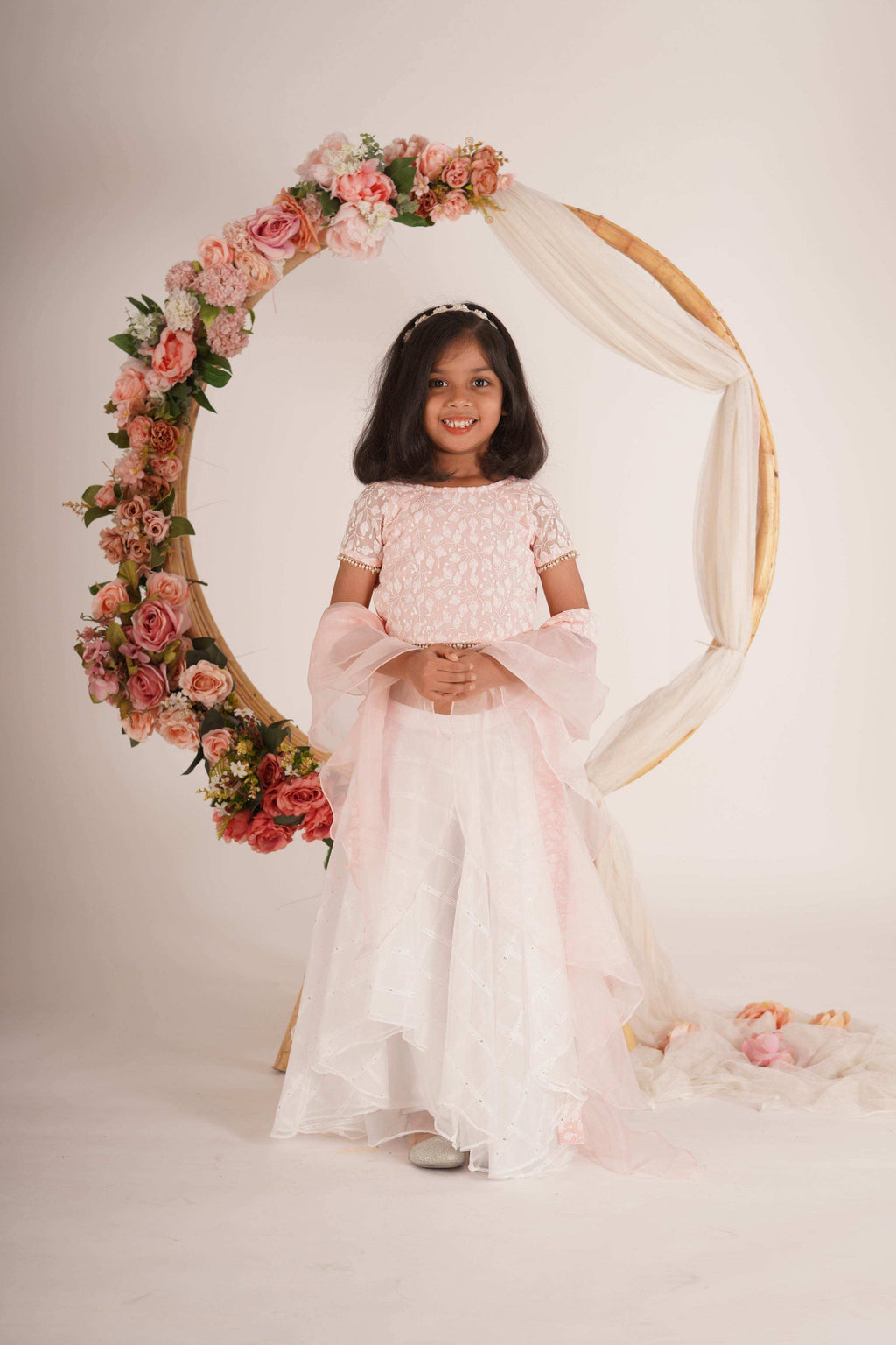 Ivana- Blouse,Lehenga and Dupatta Set - White Peach Pink and Rose Gold - Monk & Mei