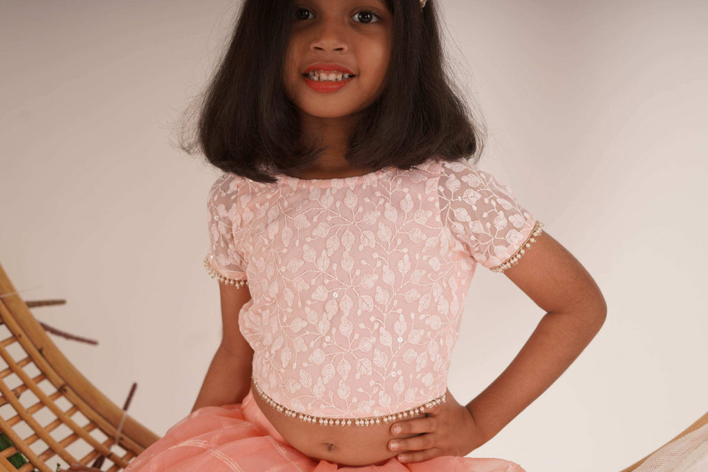Ivana- Blouse,Lehenga and Dupatta Set - Peach Pink and Rose Gold - Monk & Mei