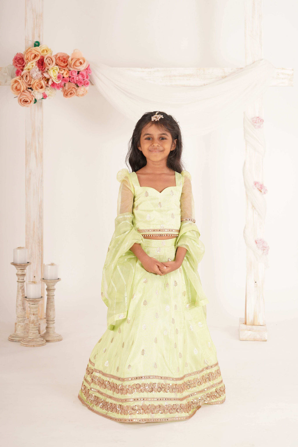 Zia- Blouse, Lehenga and Dupatta set- Pista Green and Rose Gold - Monk & Mei