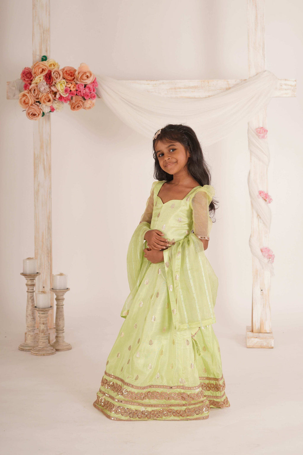 Zia- Blouse, Lehenga and Dupatta set- Pista Green and Rose Gold - Monk & Mei