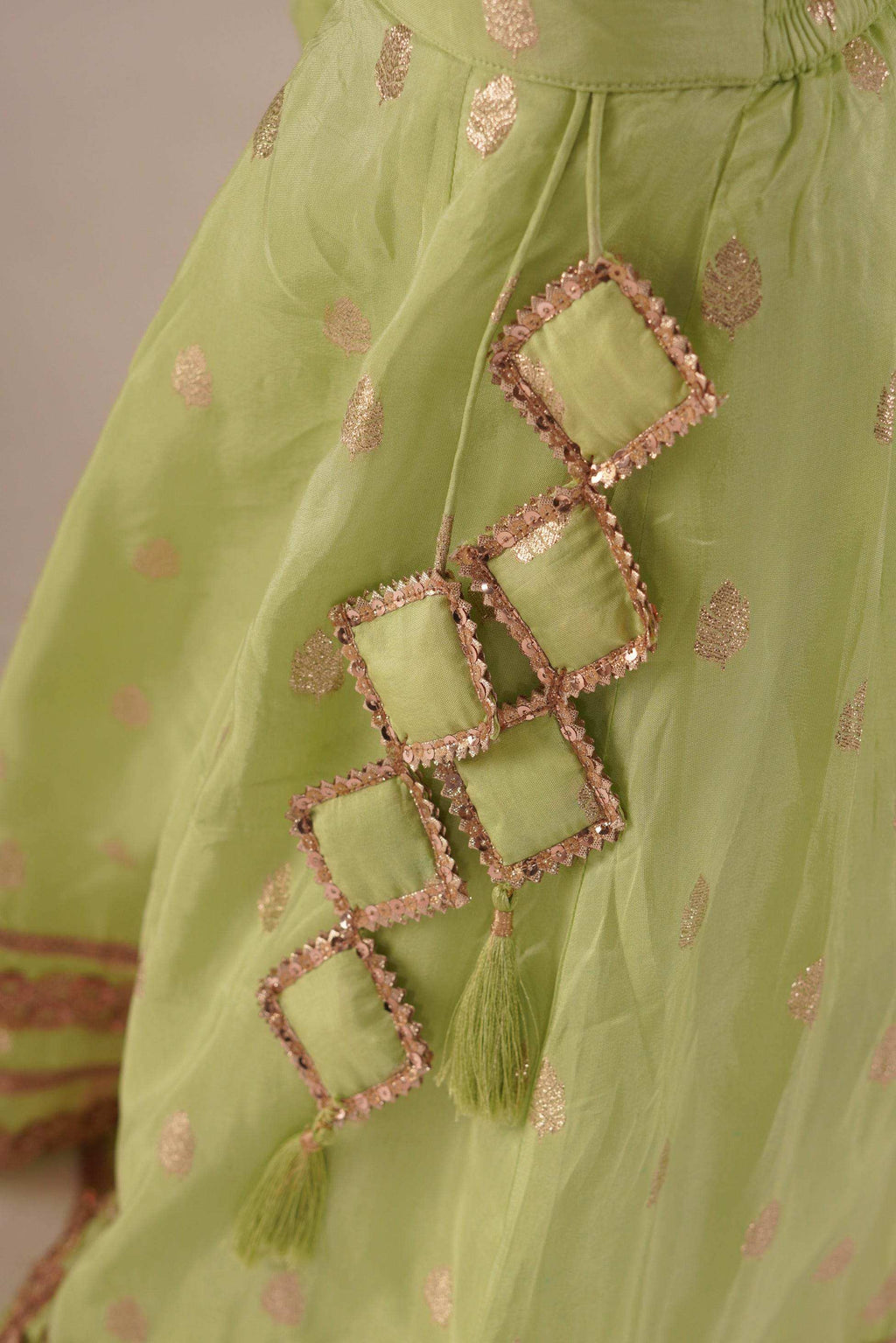 Zia- Blouse, Lehenga and Dupatta set- Pista Green and Rose Gold - Monk & Mei