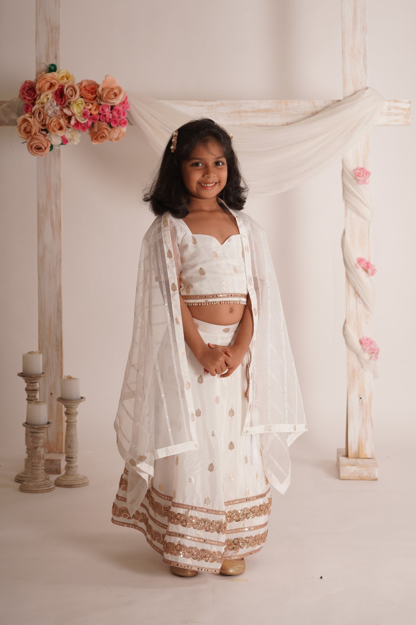 Zia Blouse, Lehenga and Dupatta Set- White and Rose Gold