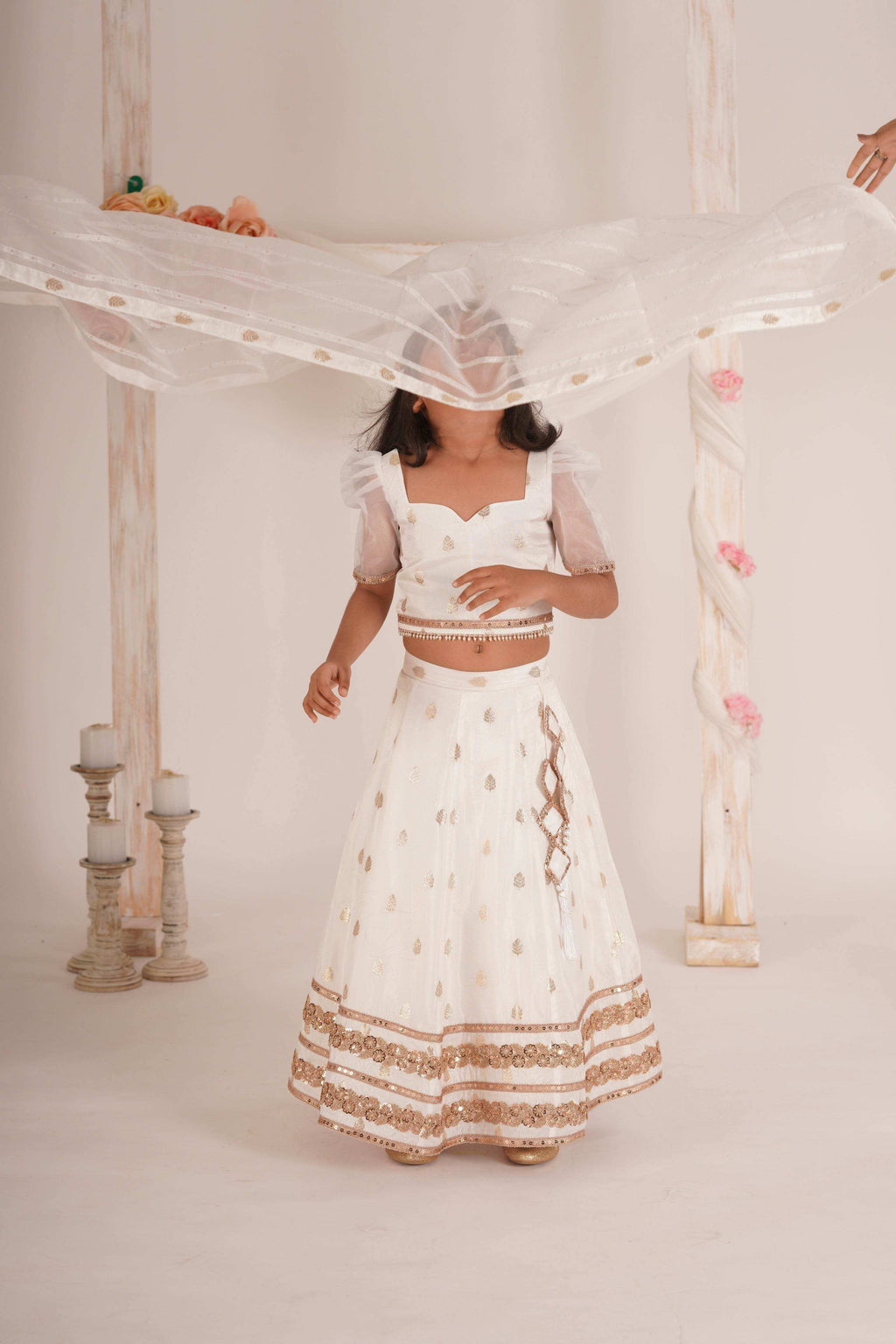 Zia Blouse, Lehenga and Dupatta Set- White and Rose Gold - Monk & Mei
