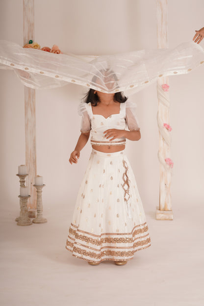 Zia Blouse, Lehenga and Dupatta Set- White and Rose Gold