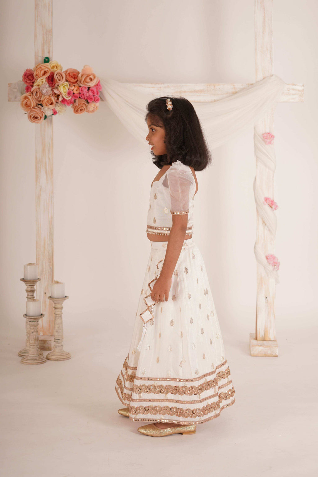 Zia Blouse, Lehenga and Dupatta Set- White and Rose Gold - Monk & Mei