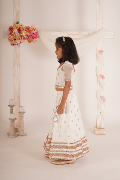 Zia Blouse, Lehenga and Dupatta Set- White and Rose Gold