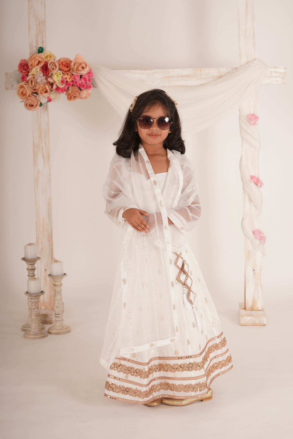Zia Blouse, Lehenga and Dupatta Set- White and Rose Gold - Monk & Mei
