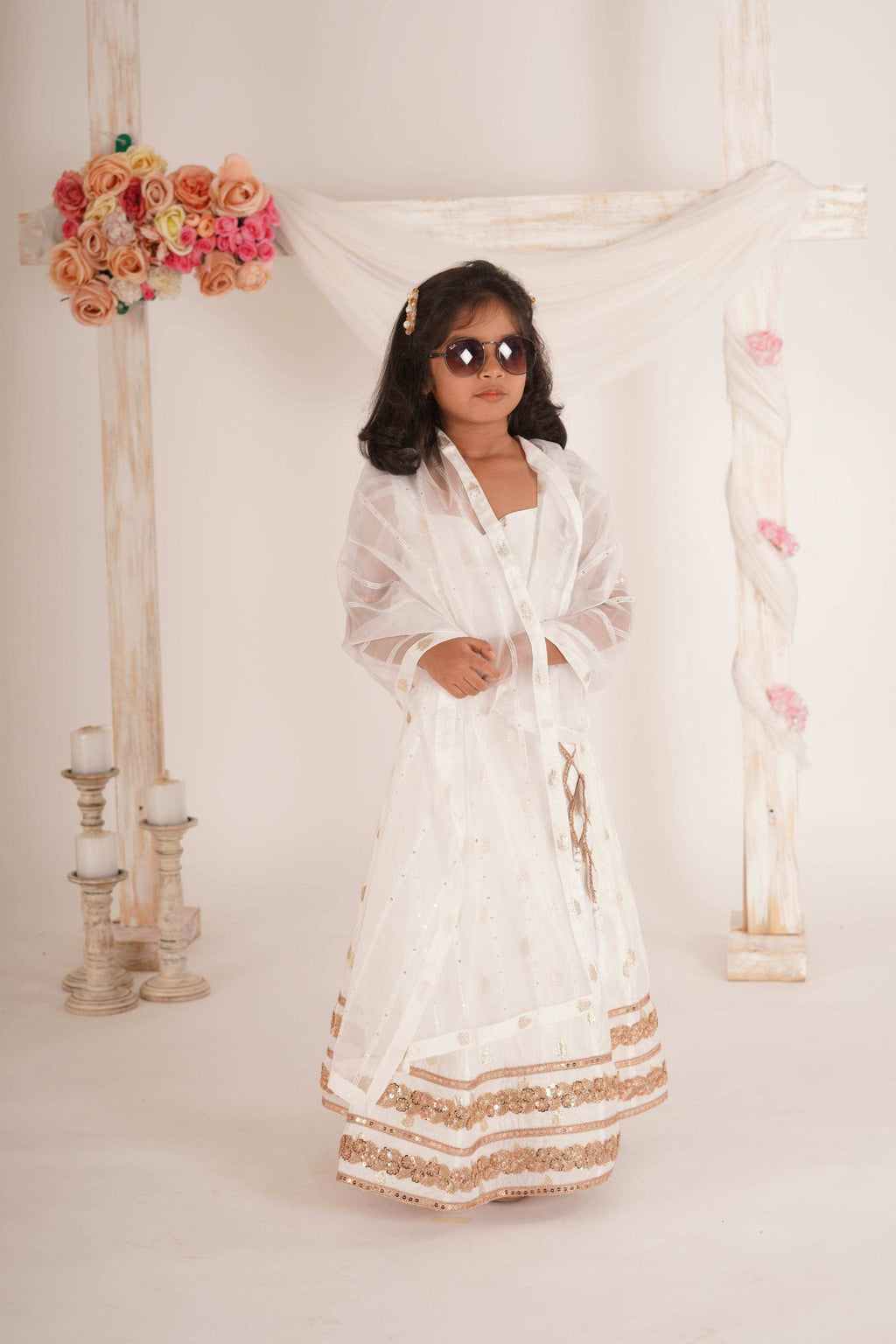 Zia Blouse, Lehenga and Dupatta Set- White and Rose Gold - Monk & Mei