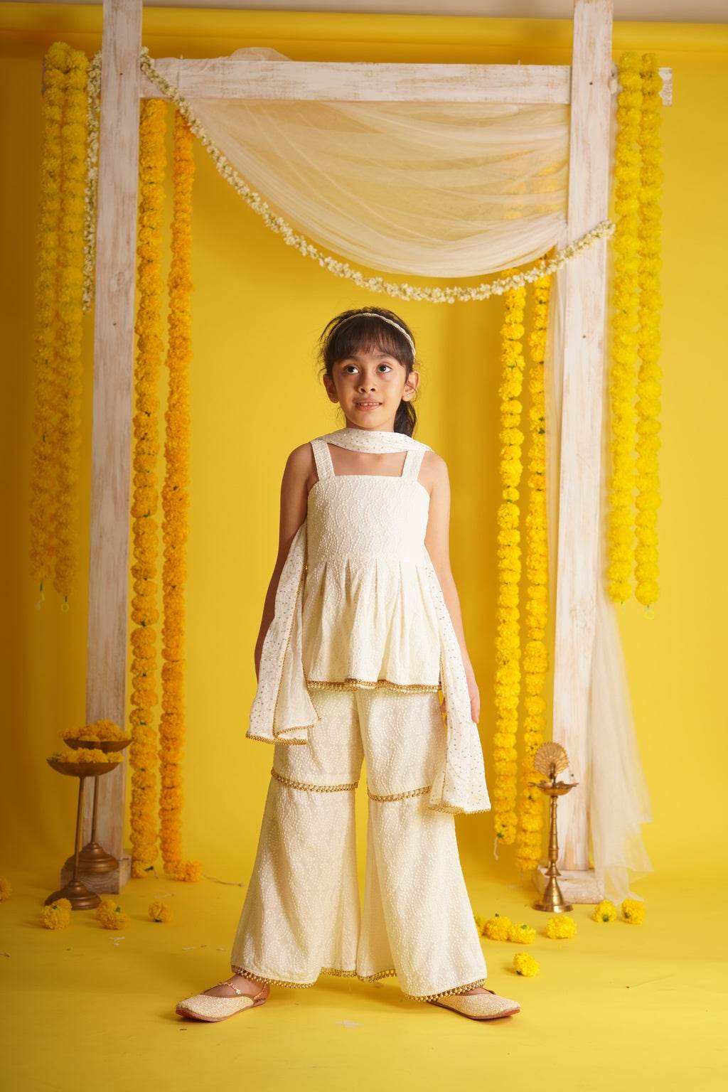 Ishani Off White - Kurta, Sharara and Dupatta set - Monk & Mei