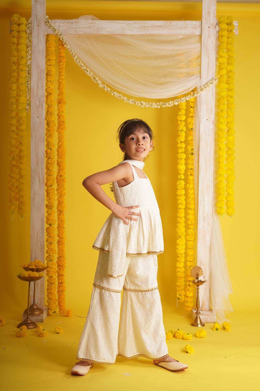 Ishani Off White - Kurta, Sharara and Dupatta set - Monk & Mei
