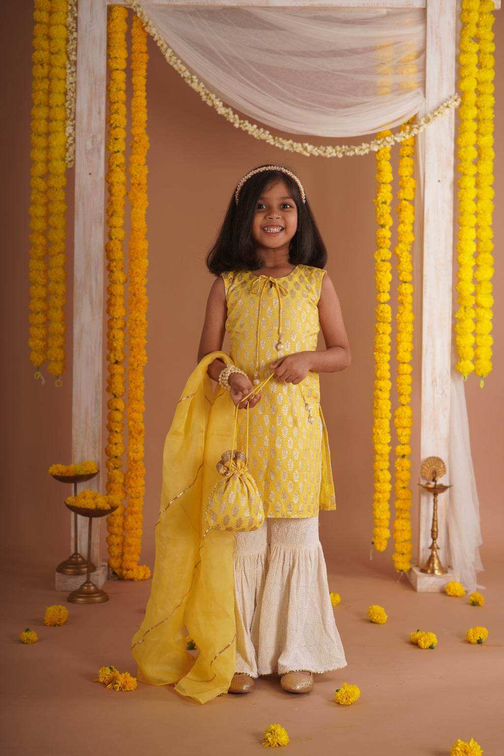 Kumudini Yellow - Kurta, Sharara and Dupatta set- Yellow and Ivory - Monk & Mei