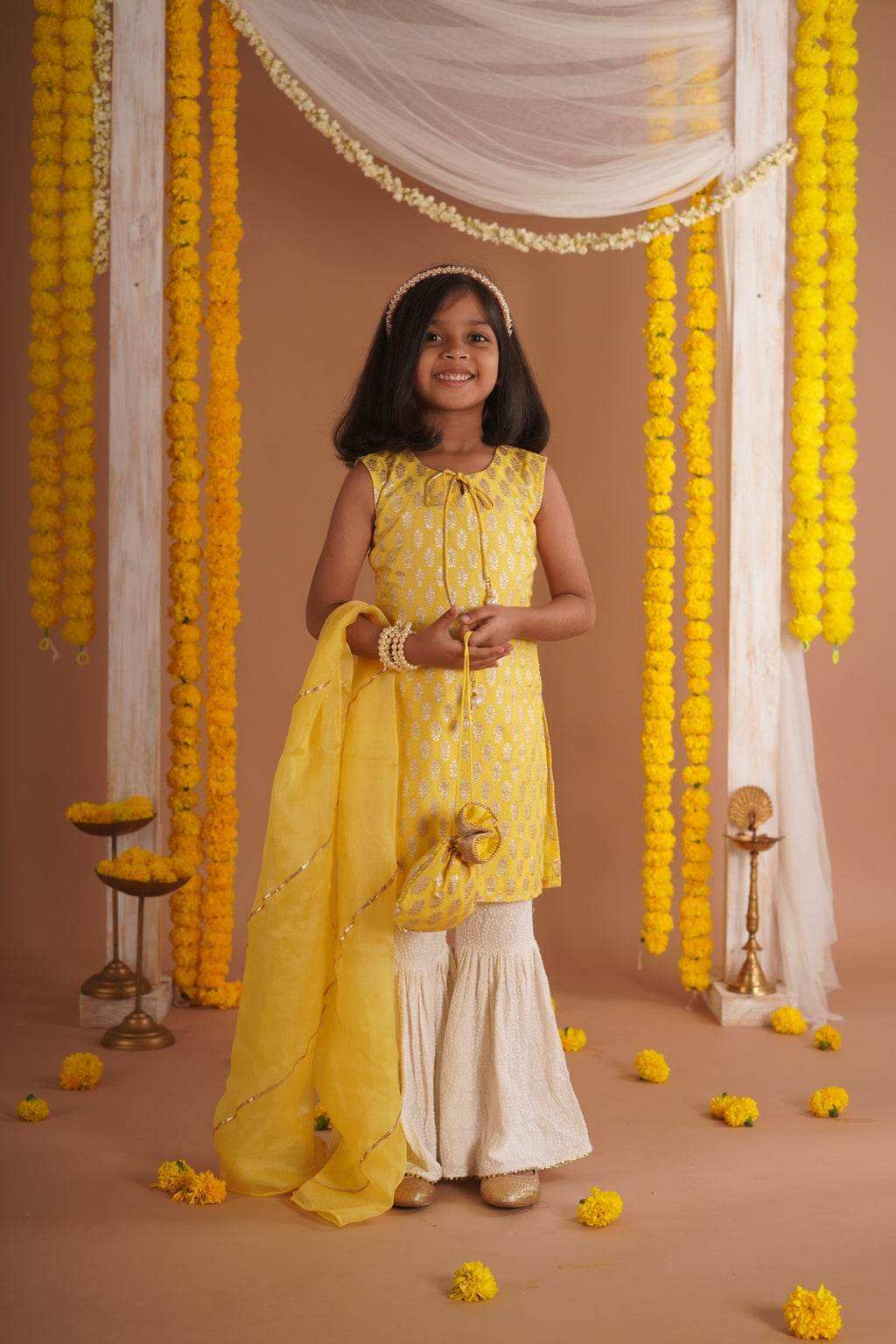 Kumudini Yellow - Kurta, Sharara and Dupatta set- Yellow and Ivory - Monk & Mei