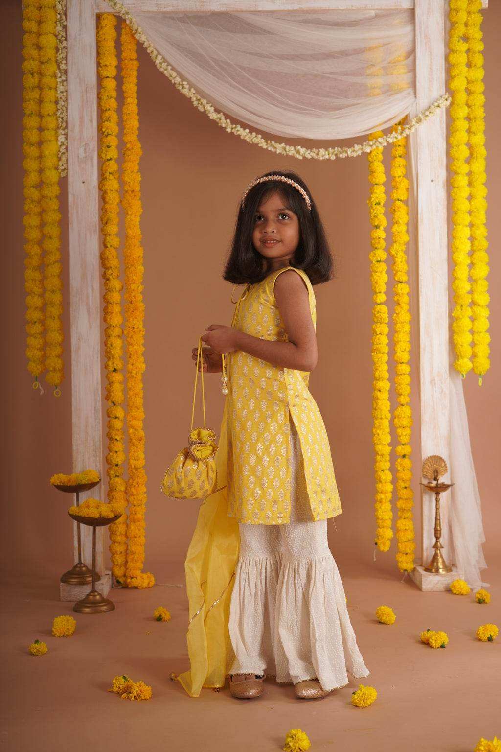 Kumudini Yellow - Kurta, Sharara and Dupatta set- Yellow and Ivory - Monk & Mei