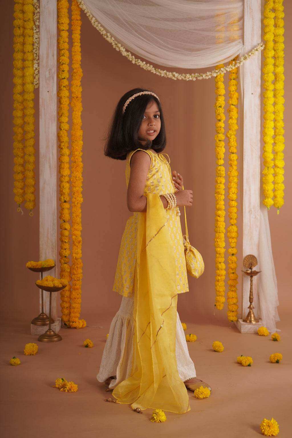 Kumudini Yellow - Kurta, Sharara and Dupatta set- Yellow and Ivory - Monk & Mei