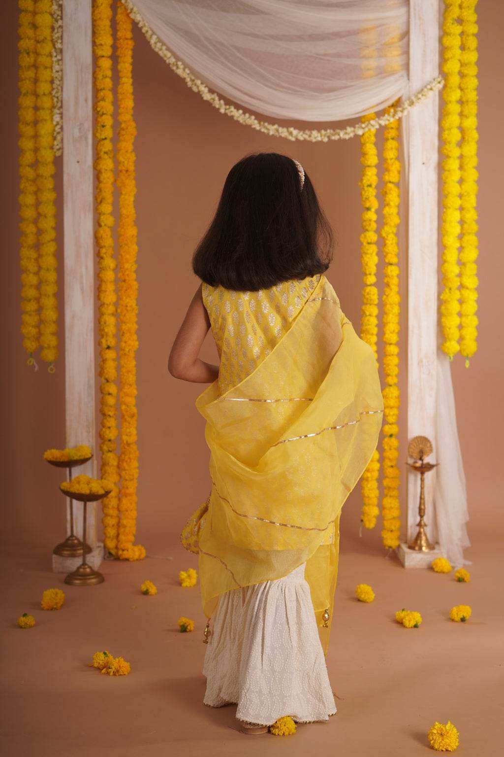 Kumudini Yellow - Kurta, Sharara and Dupatta set- Yellow and Ivory - Monk & Mei