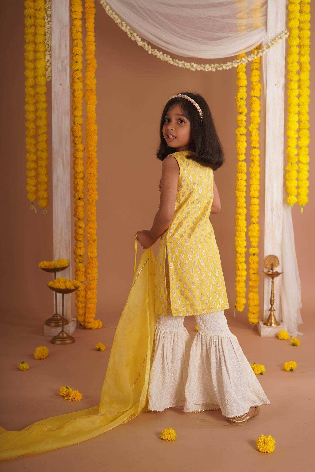 Kumudini Yellow - Kurta, Sharara and Dupatta set- Yellow and Ivory - Monk & Mei